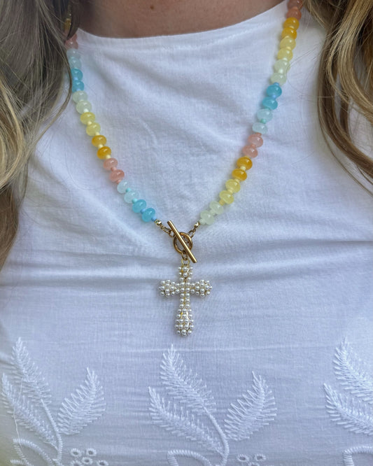 Peach Pearl Cross Beaded Necklace