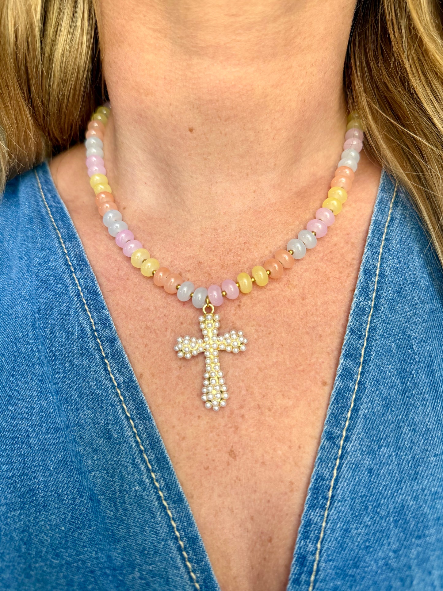 Pastel Cross Beaded Necklace