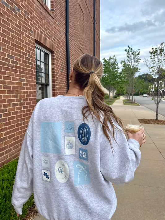 Live A Lil Pastel Blue Patchwork Crewneck
