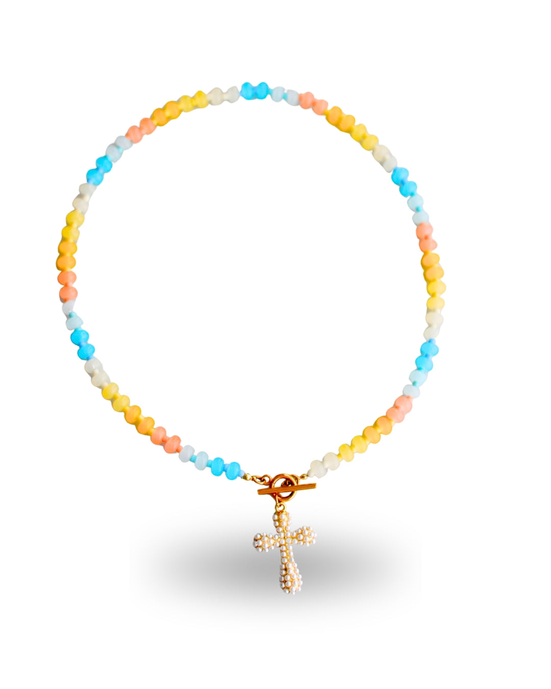 Peach Pearl Cross Beaded Necklace