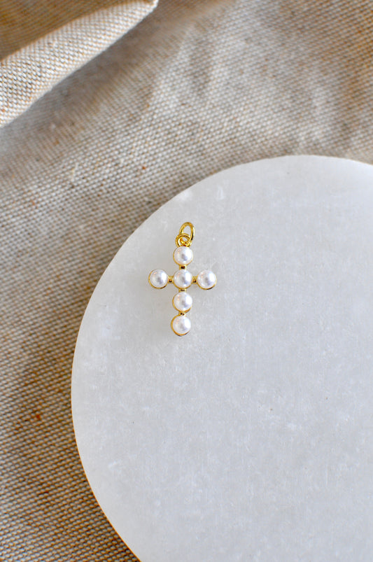 Gold Pearl Cross Charm