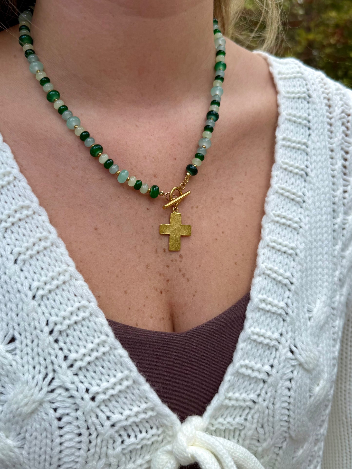 Green Cross Beaded Necklace