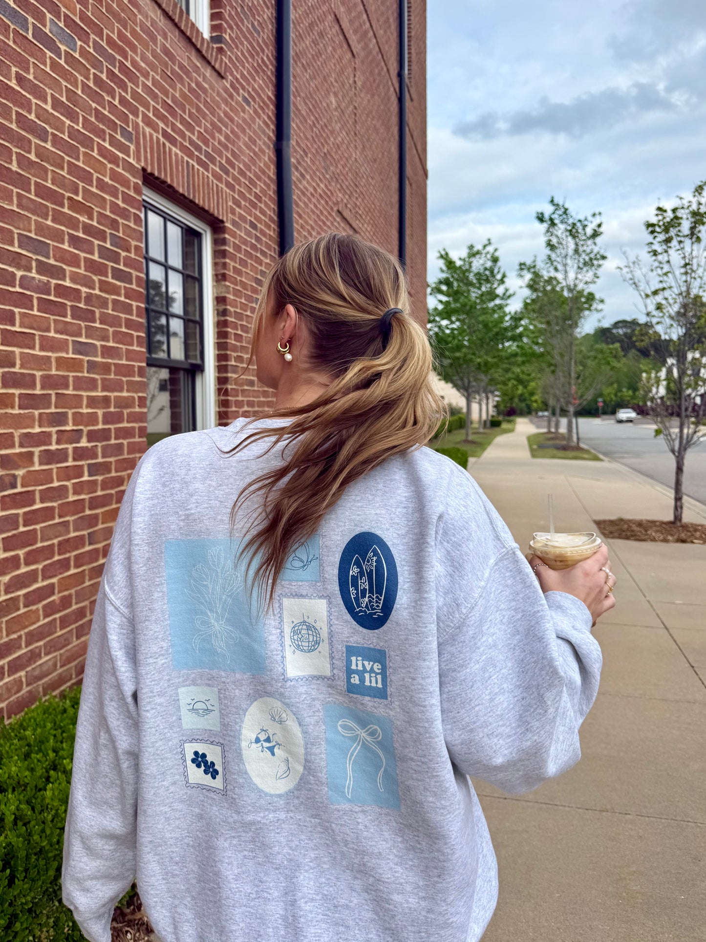 Live A Lil Pastel Blue Patchwork Crewneck
